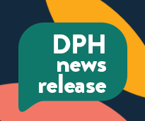 DPH news release in green chat bubble on navy, gold and peach background
